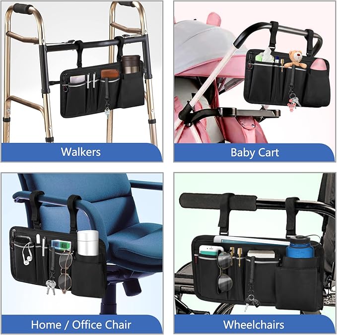 FINPAC Wheelchair Side Organizer Bag with Cup Holder, Wheelchair Armrest Accessories Pouch with Pen Slot and Reflective Strips for Power Wheelchairs, Walkers, Rollators, Adults, Seniors - Black