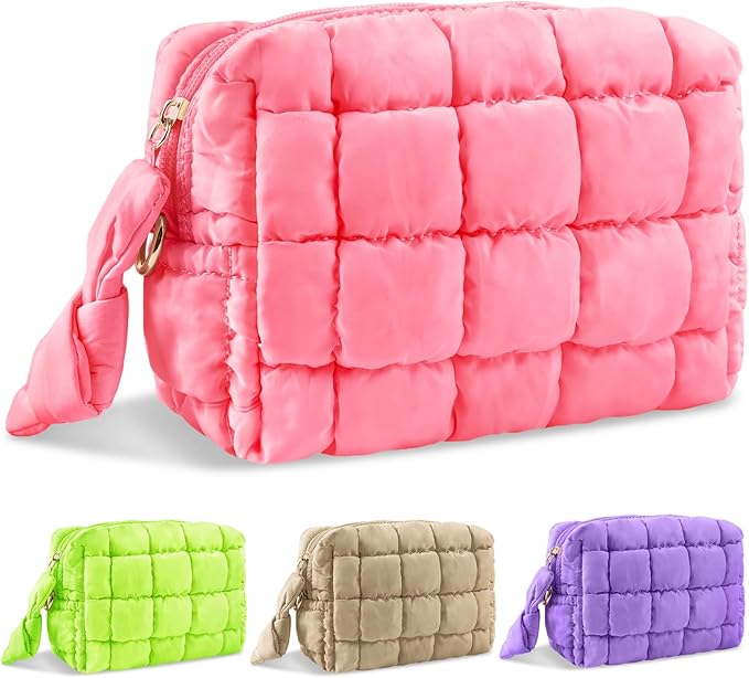 Puffer Quilted Makeup Bag Cosmetic Bags,Puffy Travel Toiletry Pouch for Women,Cute Checkered Zipper Bag Travel Essential,Portable Aesthetic Make up Organizer Bag for Gifts Work Daily(Pink,S)