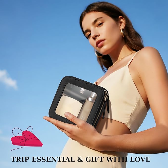 MSTONAL Clear Makeup Bag, Travel Toiletry Bag Cosmetic Case for Women, Waterproof Portable Small Make Up Skincare Pouch with Zipper, Compact Car Organizer Bag for Essentials, Mini Size, Black