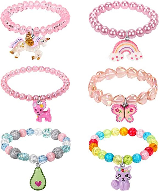 Colorful Unicorn Bracelet Girls Unicorn Bracelets Rainbow Avocado Unicorn Beaded Toddler Girls Butterfly Bracelet for Birthday Party Favors-6Pcs