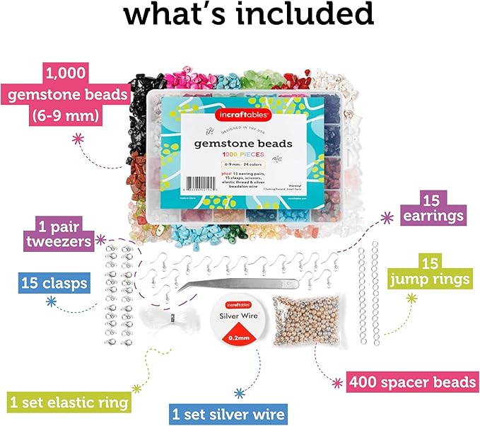 Incraftables 1000pcs Chip Crystal Beads (24 Colors Gemstones). Best Rock Beads for Jewelry Making, Rings & DIY Crafts. Bulk Natural Stone Chip Beads w/Spacer Bead, Earrings & Bracelet Wire (6-9 mm)
