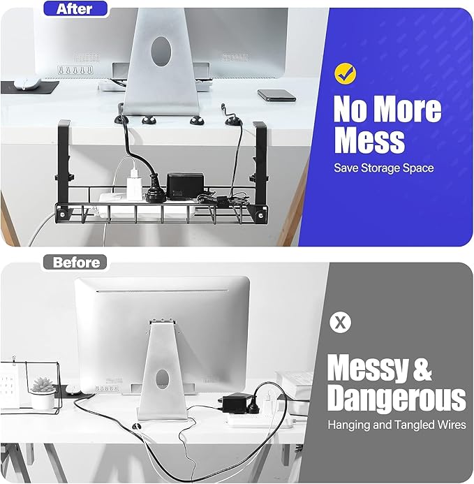 Under Desk Cable Management Tray, Xpatee Upgraded Wire Management No Drill No Screws, Cable Tray with Clamp for Wire Organizers, Computer Cord Rack for Office, Home - No Damage to Desk Black