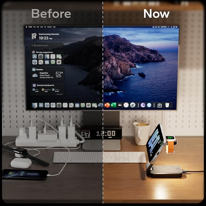 3 in 1 Foldable Wireless Charging Station for MagSafe, Nightstand Magnetic Charger Stand for iPhone 17 16 15 14 Pro Max, Travel Charging Dock with Night Light for Apple Watch/AirPods (Black)