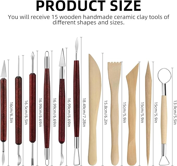Hearty Ceramic 15PCS Pottery Carving Tools, Air Dry Polymer Clay Sculpting Tools Set, Pottery Trimming Tools with Smooth Wooden Handles, Clay Tool Kit for Kids Adults Beginners Professionals