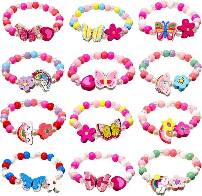 12pc Little Girl Bracelet for Toddler Kids, Rainbow Butterfly Wooden Bracelets, Little Girl Princess Pretend Play and Dress Up Bracelet, Little Princess Jewelry Gift