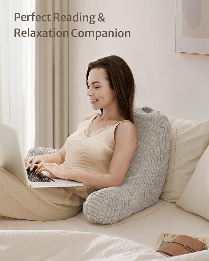 Blissful Diary Reading Pillow, Backrest Pillow with Shredded Memory Foam for Adult & Children, Designed for Bed and Couch Sitting Up, Includes Arms, Pockets and Washable Cover, Light Gray