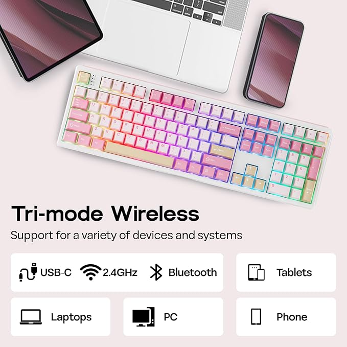 EPOMAKER TH108 Full Size Mechanical Keyboard, Wireless Gaming Keyboard with 8000mAh Battery, Creamy Gasket, 108 Keys, Hot Swap, Custom Driver, RGB Backlight (Pink, Sea Salt Silent)