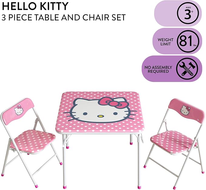 Idea Nuova Sanrio Hello Kitty 3 Piece Children's Activity Square Table and 2 Folding Chairs Set, Ages 3+