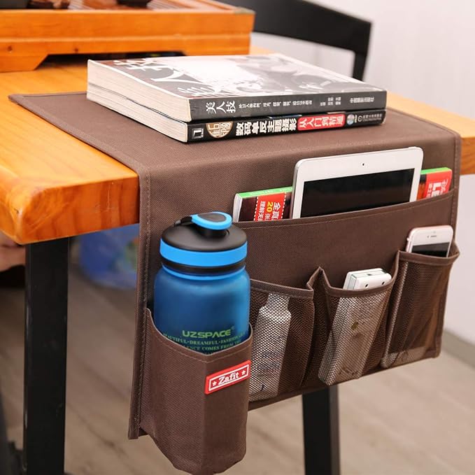 5 Pockets Bedside Caddy, Bedside Storage Organizer for Water Bottles, Magazines, Phone, Glasses (5 Pockets-Coffee)