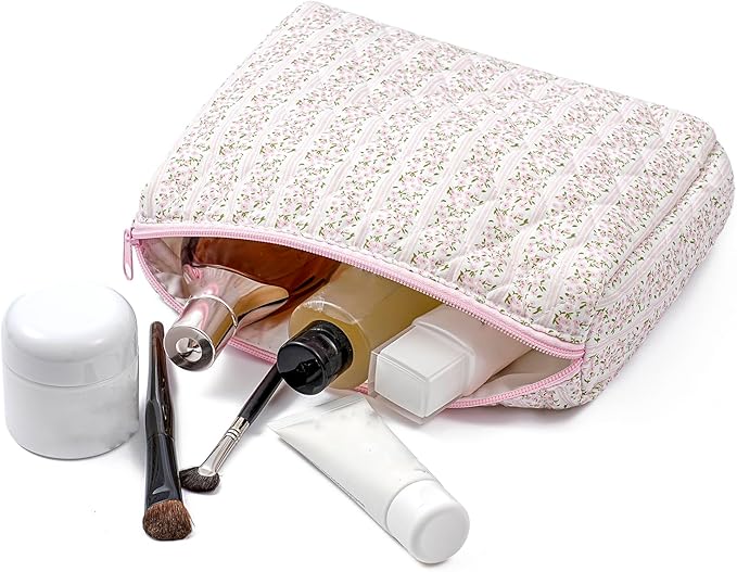 HHQQWZ Makeup Bag Travel Cosmetic Bag for Women Girls, Zipper Make Up Pouch, Floral Flowers Toiletry Organizer Makeup, Portable Storage Cosmetic Travel Cloth Bag (2 Pack (L+S)/Pink Floral)