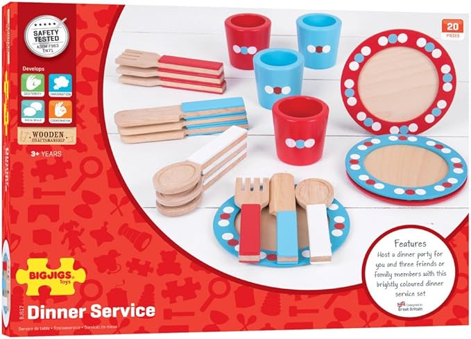 Bigjigs Toys Role Play Dinner Service Tea Set - Kids Tea Set with Toddler Cutlery, Toy Kitchen Accessories for Wooden Play Kitchen, Toy Plates and Cutlery Set