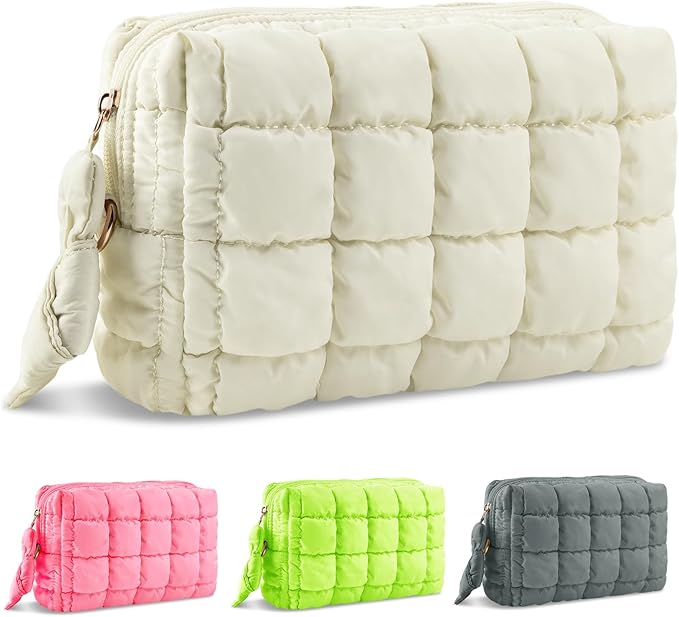 Puffer Quilted Makeup Bag Cosmetic Bags,Puffy Travel Toiletry Pouch for Women,Cute Checkered Zipper Bag Travel Essential,Portable Aesthetic Make up Organizer Bag for Gifts Work Daily(Beige,M)