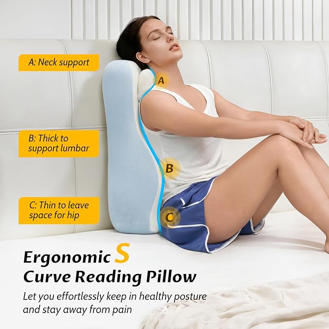 Ergonomic S Curve Reading Pillow for Sitting in Bed Adult- Back Pillow for Bed Sitting up with Adjustable Headrest- Memory Foam White, Blue