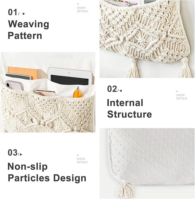 Mkono Macrame Couch Organizer Remote Control Caddy Sofa Armrest Armchair Bedside Storage Holder Bag for TV Remote, Magazine, Books, Cell Phone, iPad, Boho Living Room Home Dorm Decor, Beige, Large