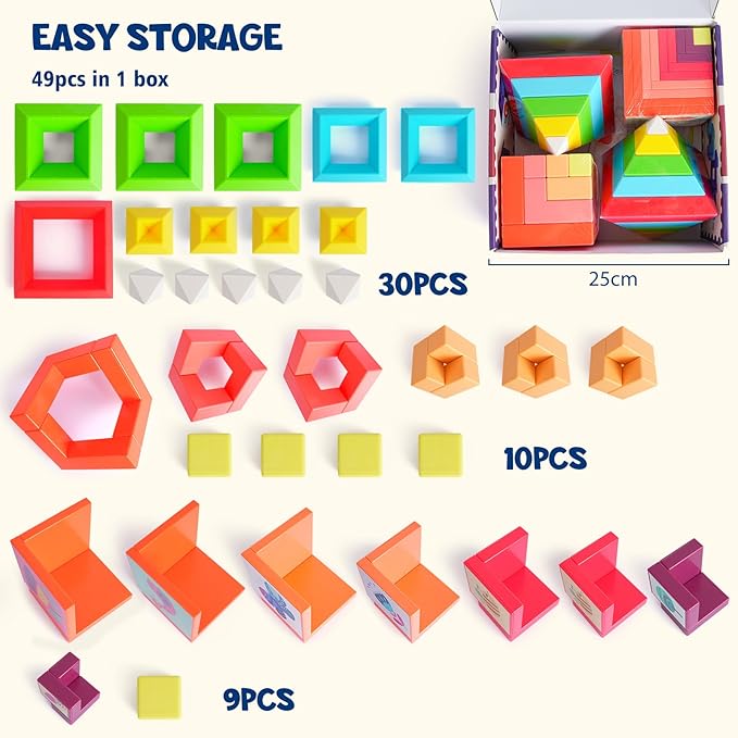 VATOS Montessori Toys Stacking Toys 3-in-1 Set for Toddlers and Kids, 49Pcs Building Blocks Preschool Sensory Toys STEM Toy for 1 2 3 4 5 6+ Years Old Baby Boys and Girls