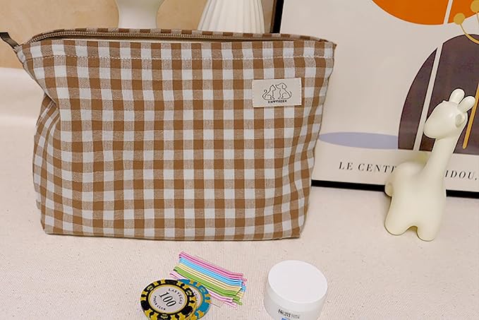 HAPPYHEIDI Khaki Gingham Cotton Makeup Bag Cosmetic Travel Pouch with Bottom, Make Up Purse Organizer, Zipper Closure, Canvas Lined…