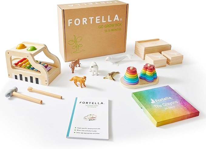 Fortella Montessori Toys for 1 Year Old, 6-in-1 Wooden Learning Educational Box Set with Ball Pounding Bench, Xylophone, Stacking Ring, Animal Figurines, Matching Cards, Developmental Toy Baby Gift