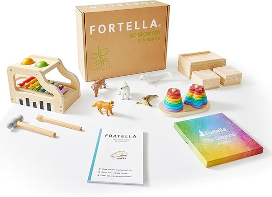 Fortella Montessori Toys for 1 Year Old, 6-in-1 Wooden Learning Educational Box Set with Ball Pounding Bench, Xylophone, Stacking Ring, Animal Figurines, Matching Cards, Developmental Toy Baby Gift