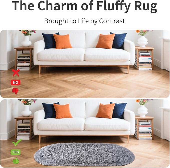 Noahas Fluffy Grey Rugs for Bedroom Living Room,2.6'X5.3' Oval Throw Rug for Kids Room,Shag Hallway Runner Rug,Small Soft Shaggy Bedside Non-Slip Plush Nursery Dorm Carpet Home Decor Aesthetic