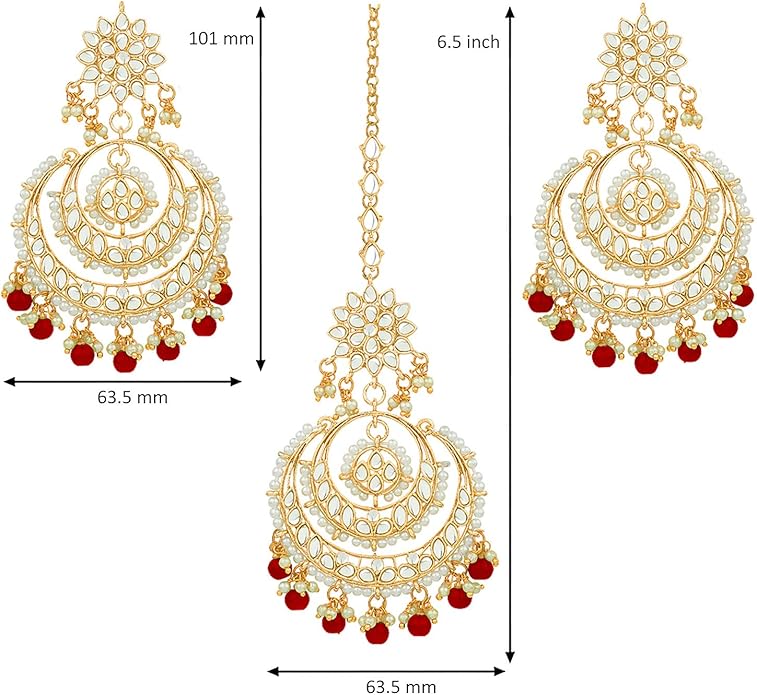 Aheli Bollywood Ethnic Chandbali Style Big Earrings Maang Tikka Set Traditional Fashion Jewelry Gift for Women