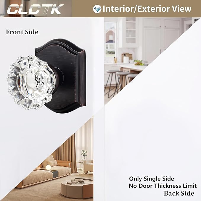 CLCTK 2 Pack Glass Dummy Door Knobs, Antique Inactive Crystal Half-Dummy Door Knobs for Hall and Closet, Matte Black