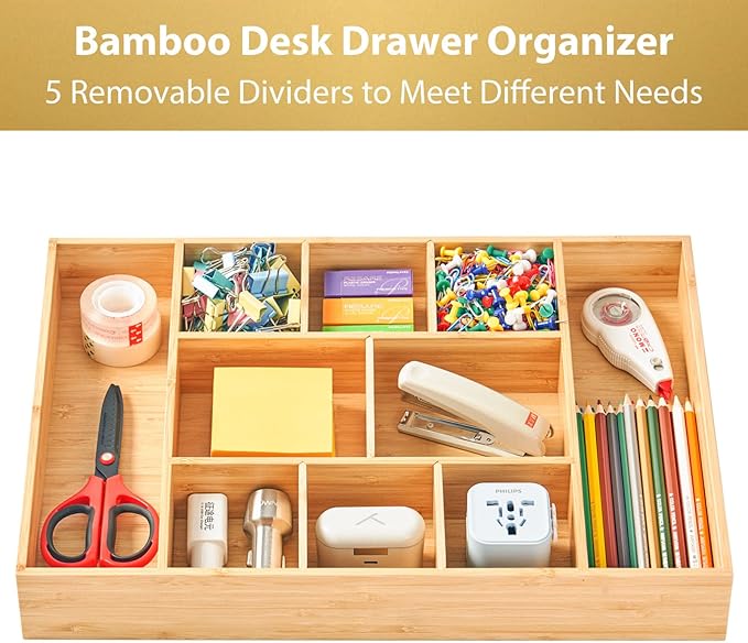 Umilife Extra Large Bamboo Desk Drawer Organizer, Wood Junk Organizer Tray with Adjustable Dividers, Anti-Skip Storage Organization in Office Bathroom Drawer for Vanity, Makeup, 17" x 12"