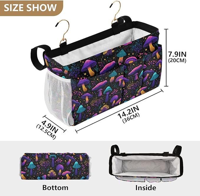 Neon-colored Mushrooms Stars Dots Bedside Caddy for Dorm Bed Bedside Hanging Caddy Bag Iron Frame Storage Organizer Pocket for Bunk Home College Hospital Beds 2 Hooks