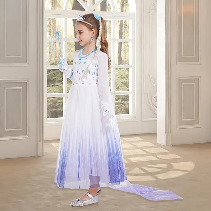 Elsa Costume for Girls 3-12 - Elegant Elsa Dress with Accessories - Princess Dress Up Clothes for Holiday Parties