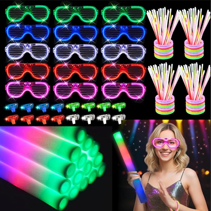 280 PCS Glow in the Dark Party Supplies 20 PCS Foam Glow Sticks 20 PCS LED Glasses 40 PCS Finger Lights 200 PCS Glow Sticks Bracelets Neon Glow Party Favors Christmas Wedding Birthday Concert New Year
