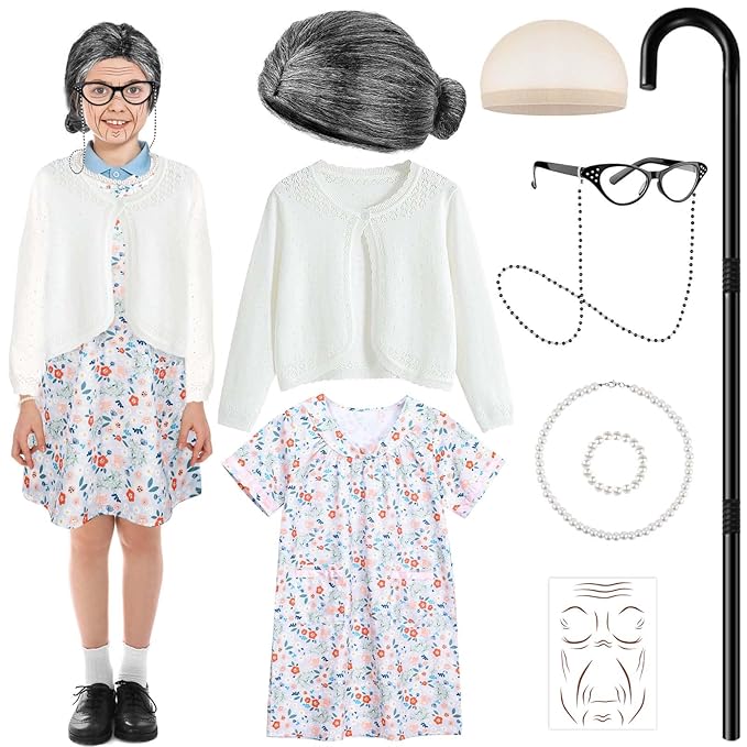 Kids 100 Days of School Costume for Girls Cosplay Outfit Including Grey Wig Cardigan Sweater Floral Dress Cat Eye Glasses