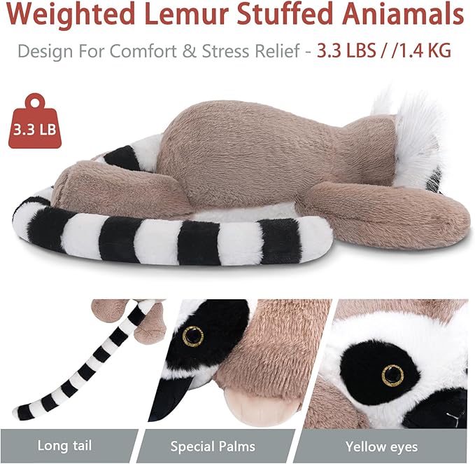 Niuniu Daddy 20" | 3.3 Pound Lemur Weighted Stuffed Animals, Large Pillowfort Plush Animal Toys for Kid Adult Baby, Cute Body Pillow for Gifts Presents Birthday Christmas Holiday Thanksgiving