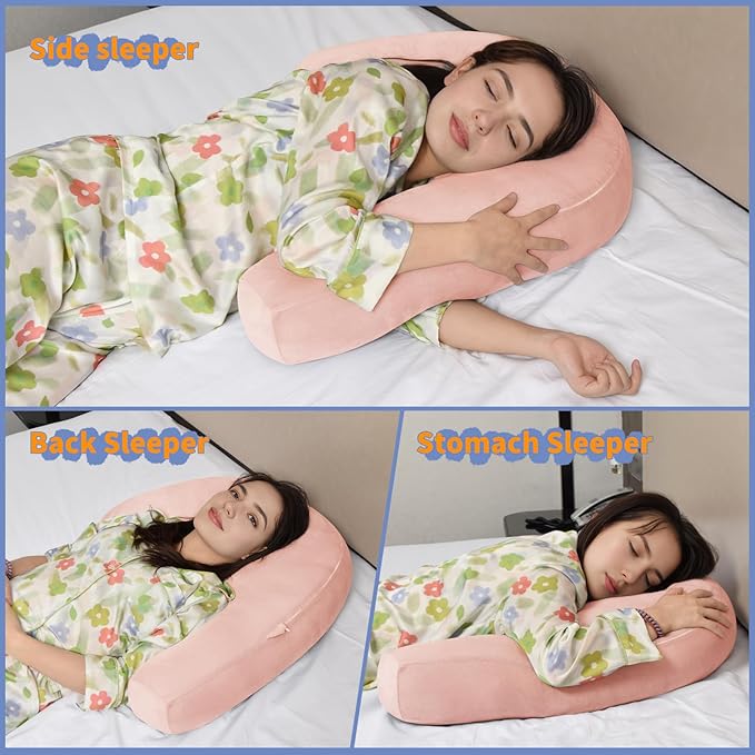 Body Pillow for Side Sleepers with Ear Hole, J & U-Shaped Neck Pillow for Ear Piercing, Relieves Neck, Shoulder & Back Pain, 20x26 Inches with Pillowcase (Pink)
