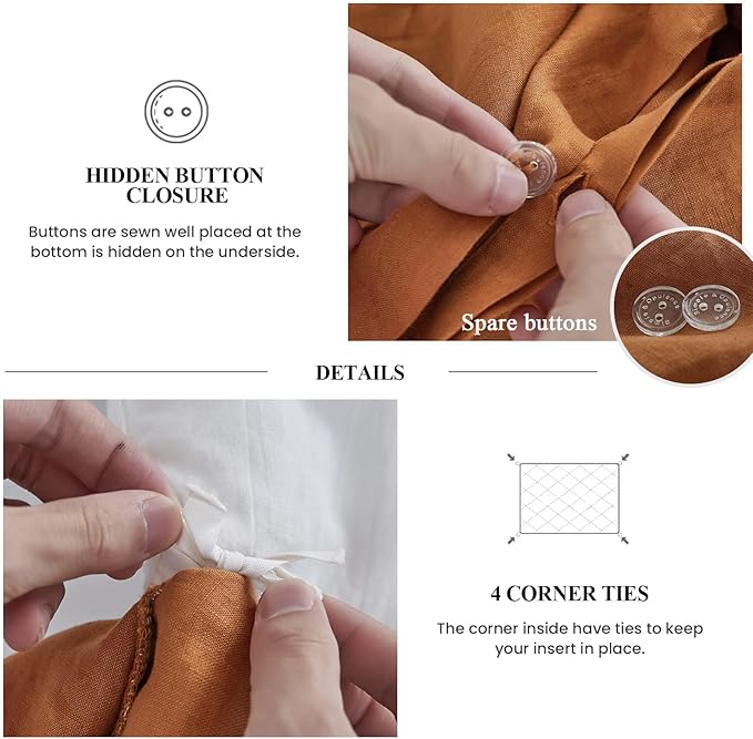 Simple&Opulence 100% Linen Duvet Cover Set, 3 PCS Natural French Flax Rust Ruffle Duvet Cover King Size, Breathable Comfy Linen Bedding Comforter Cover with 2 Pillowcases (Rust, 104" X 92")