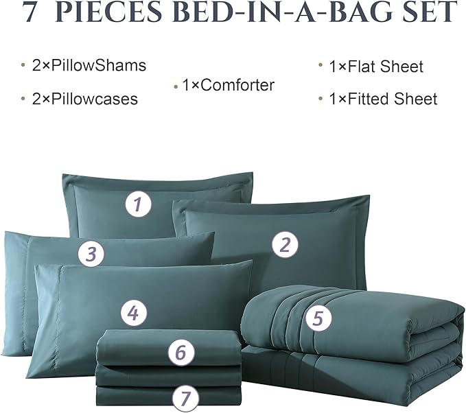 Monbix Oversized Queen Size Comforter Set - 7 Pieces Bed in a Bag, Blue Green Bedding Sets with Comforter, All Seasons Comforter Bed Set with Sheets, Pillowcases & Shams