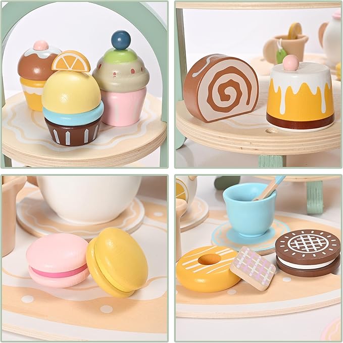 23pcs Wooden Tea Set for Little Girls, Toddler Tea Set Wooden Toys Play Kitchen Accessories with Cupcake Stand and Tray, Kids Tea Party Set Pretend Play Food Birthday Gift Playset