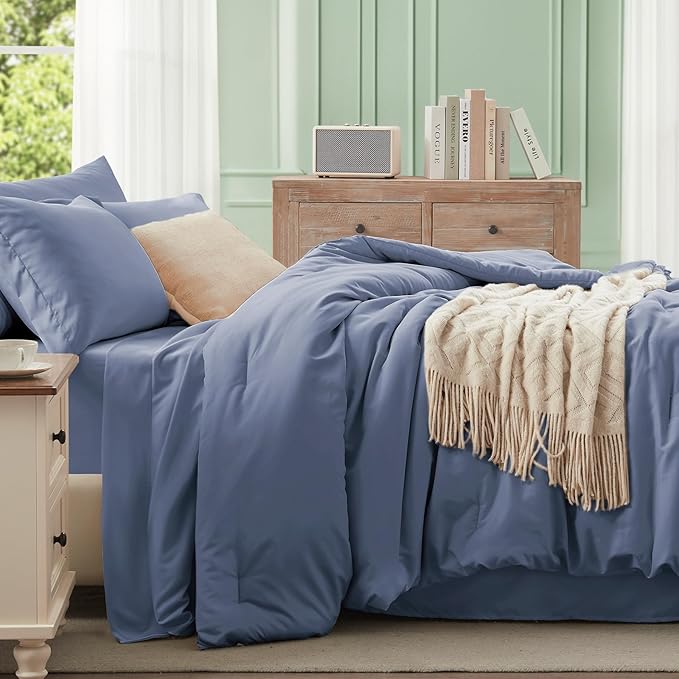 Anluoer Grayish Blue Twin Comforter Set 5 Pieces, Bed in a Bag with Sheets, All Season Bedding Sets with 1 Comforter, 1 Pillow Sham, 1 Pillowcase, 1 Flat Sheet, 1 Fitted Sheet