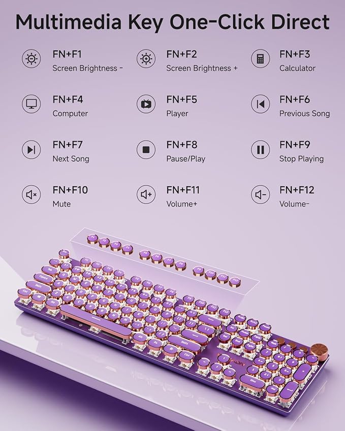 EWEADN Typewriter Style Mechanical Keyboard, Wired Typewriter Keyboards,104 Keys Backlit LED Metal Keyboards, Media Control Knob, Wired Computer Keyboard Pink Switch for Windows/Mac/PC-Purple