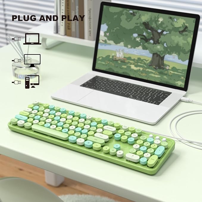 MOFII Wired Keyboard - Full Size USB Plug & Play, Retro Round Typewriter Keyboard with Foldable Stands for Windows PC Laptop (Green Colorful)