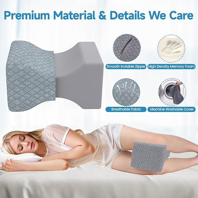 Memory Foam Knee Pillow for Side Sleepers, Support Leg Pillow for Side Sleeping, Smooth Spine Alignment Pillow, Cushion for Hip, Back, Sciatica, Knee, Joints Pain Relief, Gray, X-Large