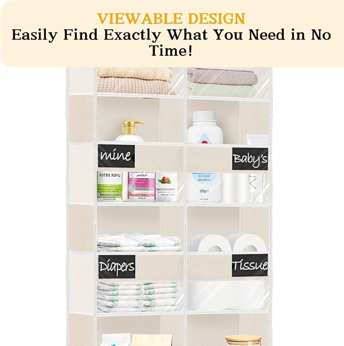 Over the Door Organizer, 5-Tier Extra Large Storage with 10 Pockets and PVC Label Pouches, 80 lbs Capacity Hanging Closet Organizer, Beige