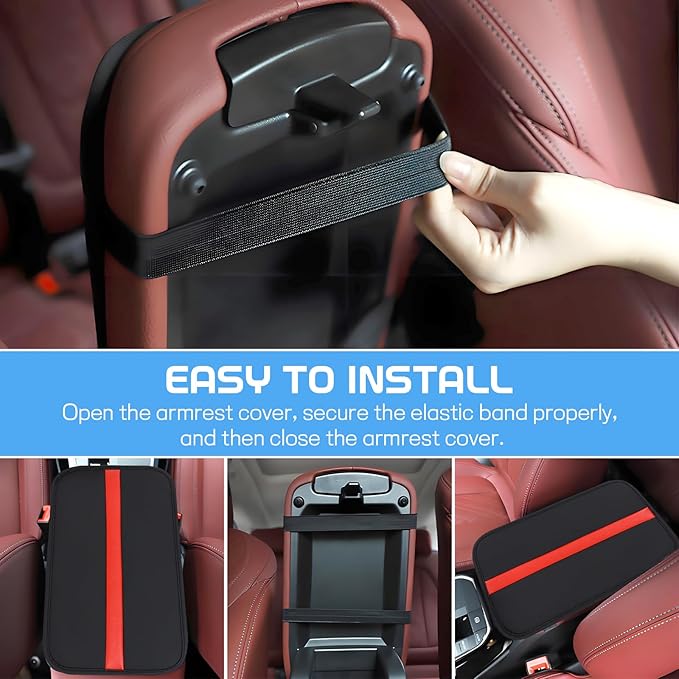 wuyaoyao Car Center Console Cover, 12.6"×7.87" PU Leather Armrest Cover for Cars, Stylish Auto Armrest Cushion Pad, Waterproof Vehicle Arm Rest Protector, Interior Car Accessories (Black+Red)