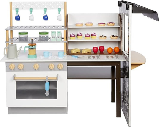 Little Tikes Real Wood Café & Bakery Exclusive Wooden Play Kitchen with Realistic Lights Sounds and Dual-Sided, 20+ Accessories Set- Gift for Kids, Toy for Girls Boys Ages 3 4 5+ Years