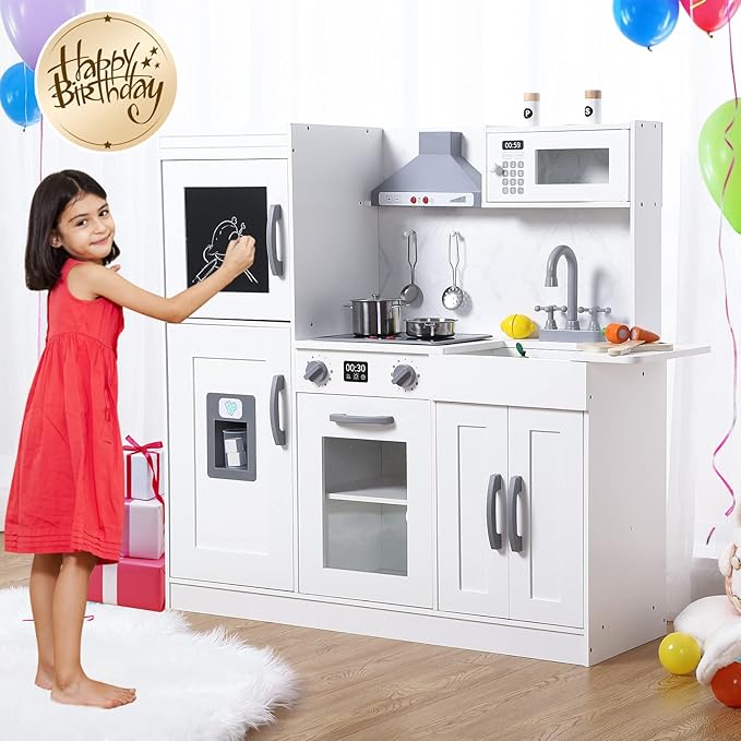 Bophy Kids Kitchen Playset, Wooden Chef Pretend Play Set with 20 PCS Cookware Accessories, Wooden Cookware Pretend with Ice Maker, Microwave, Oven, Range Hood, Sink, Real Lights & Sounds，White
