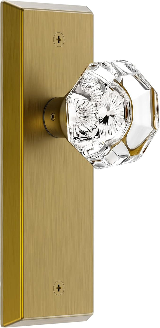 Glass Door Knobs for Interior Doors - Vintage Crystal Passage Closet & Hallway Door Knob - Diamond Cut Door Handle - Antique Brass Finish (1 Pack)