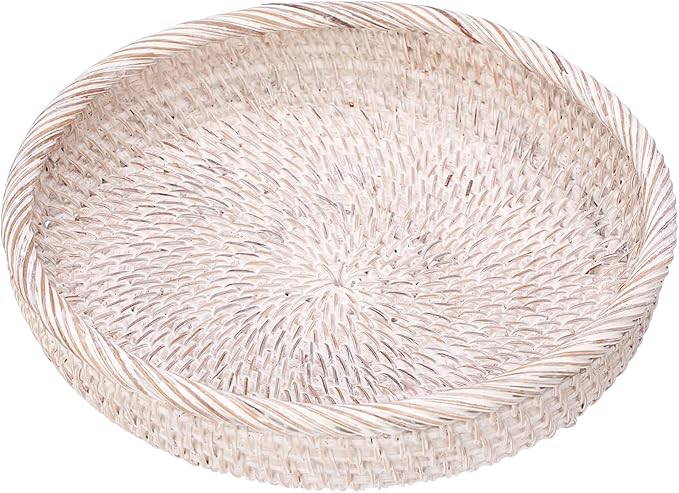 Hipiwe Round Key Bowl for Entryway, 9" Decorative Rattan Tray Woven Wicker Storage Holder Serving Basket Tray for Fruit Snacks Candy, Whitewash