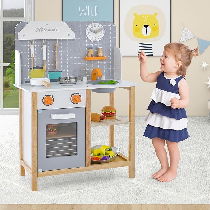 HONEY JOY Kids Kitchen Playset, Toddler Wooden Play Kitchen Set w/Sink, Stove & Oven, Cooking Accessories, Large Storage Cabinet, Little Chef Pretend Play Toy Kitchen Set, Gift for Boys Girls, Gray