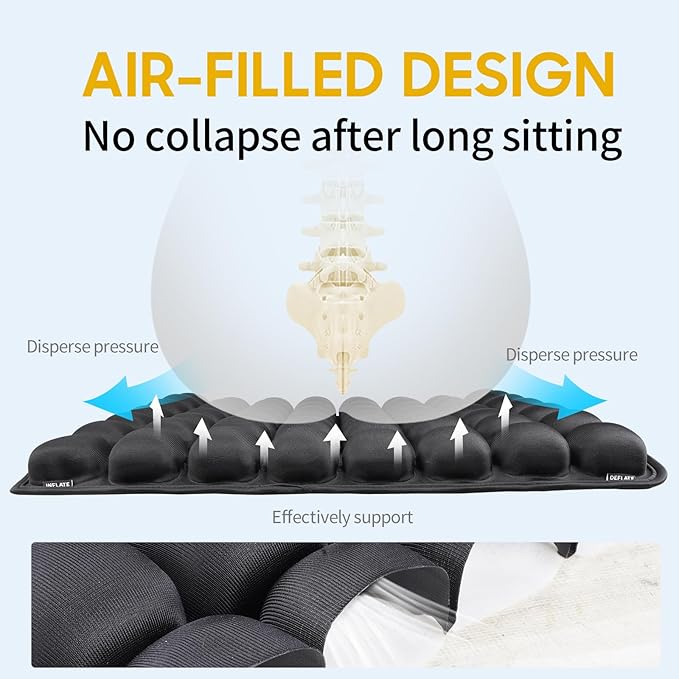 Inflatable Seat Cushion with Built-in Pump - Adjustable 3D Air Travel Cushion for Airplane, Car, Wheelchair - Portable Black Chair Pad for Long Flights, Driving, 17.7x15.7 Inches Black