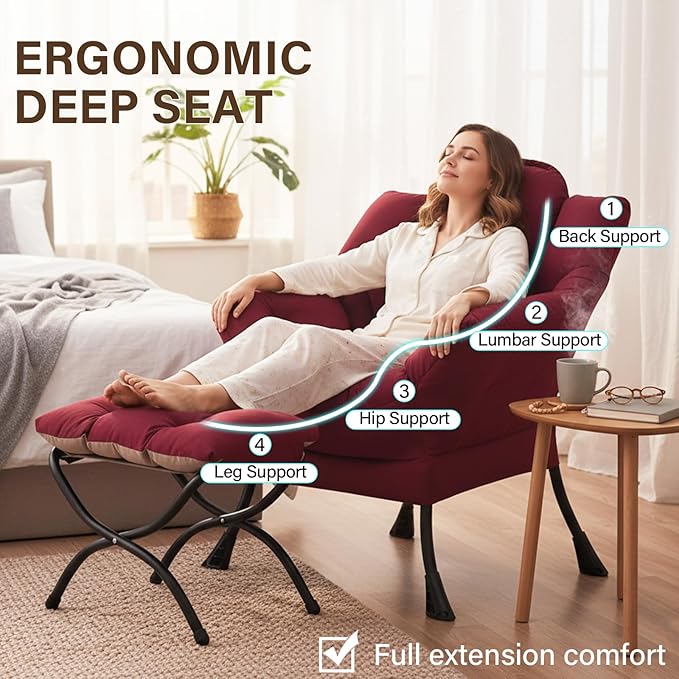 Welnow Lazy Chair with Ottoman, Modern Lounge Accent Chair with Armrests and a Side Pocket, Leisure Sofa Armchair, Reading Armchair with Footrest for Small Space, Burgundy