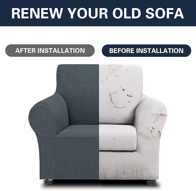 2025 New Stretch Chair Sofa Slipcovers Couch Cover for 1 Seater Furniture Protector Sofa Covers with Elastic Bottom Jacquard Fabric Small Checks for Pets, Kids - Grey