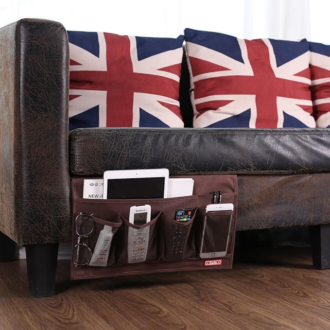 Bedside Storage Organizer - 6 Pocket Table Caddy for Remotes, Phone, Glasses (Coffee)